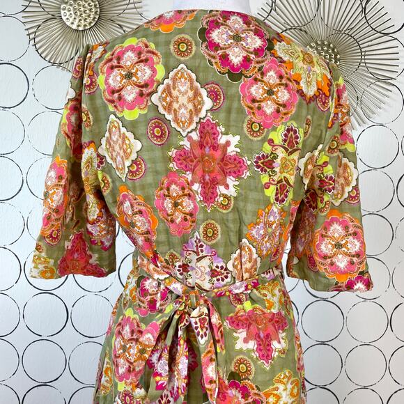 Floral Maxi Wrap Dress Womens 38 Green Pink Boho Cottage Feminine Puff Sleeve - Picture 11 of 15